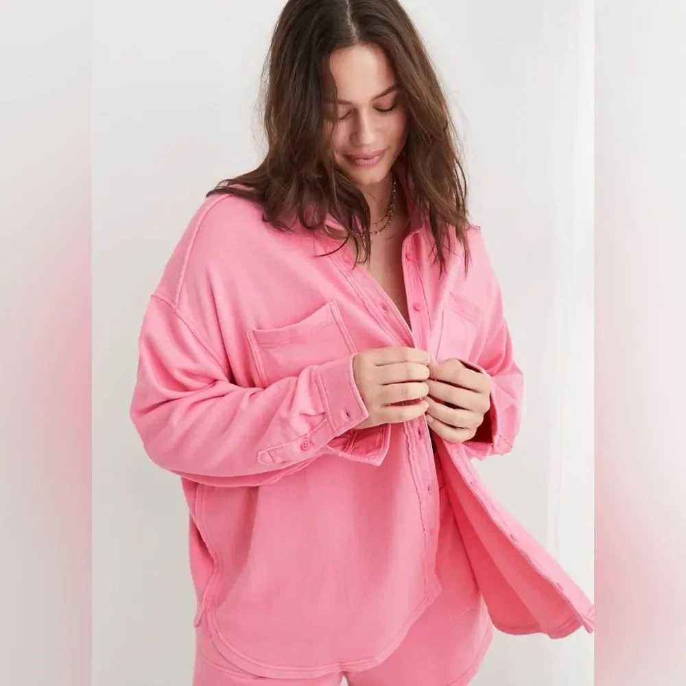 aerie XXS-XL Lumber Jane Pink Petal Long Oversized Button Down Fleece Shirt NWT